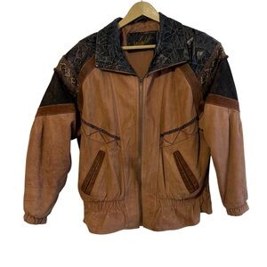 Vintage Winlit Brown Black Size Medium Leather Patchwork Bomber Jacket 90s